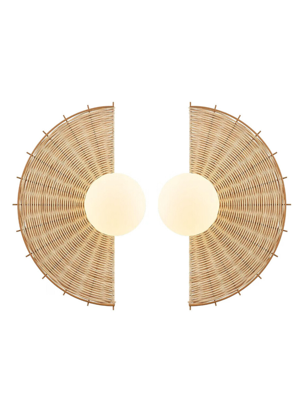 Set of Two Rattan Wall Sconces with Milky Glass Globe Shade Boho Hand Woven
